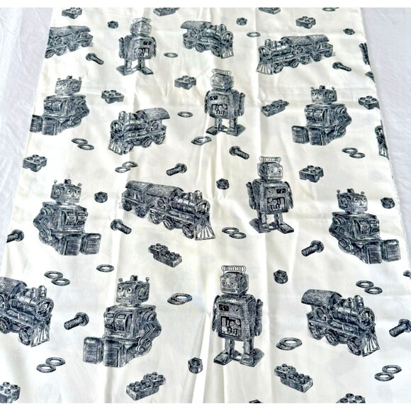 Robots Trains Bolts Black Off White Fabric Boys Cotton Quilt Fabric BTY - Picture 1 of 6